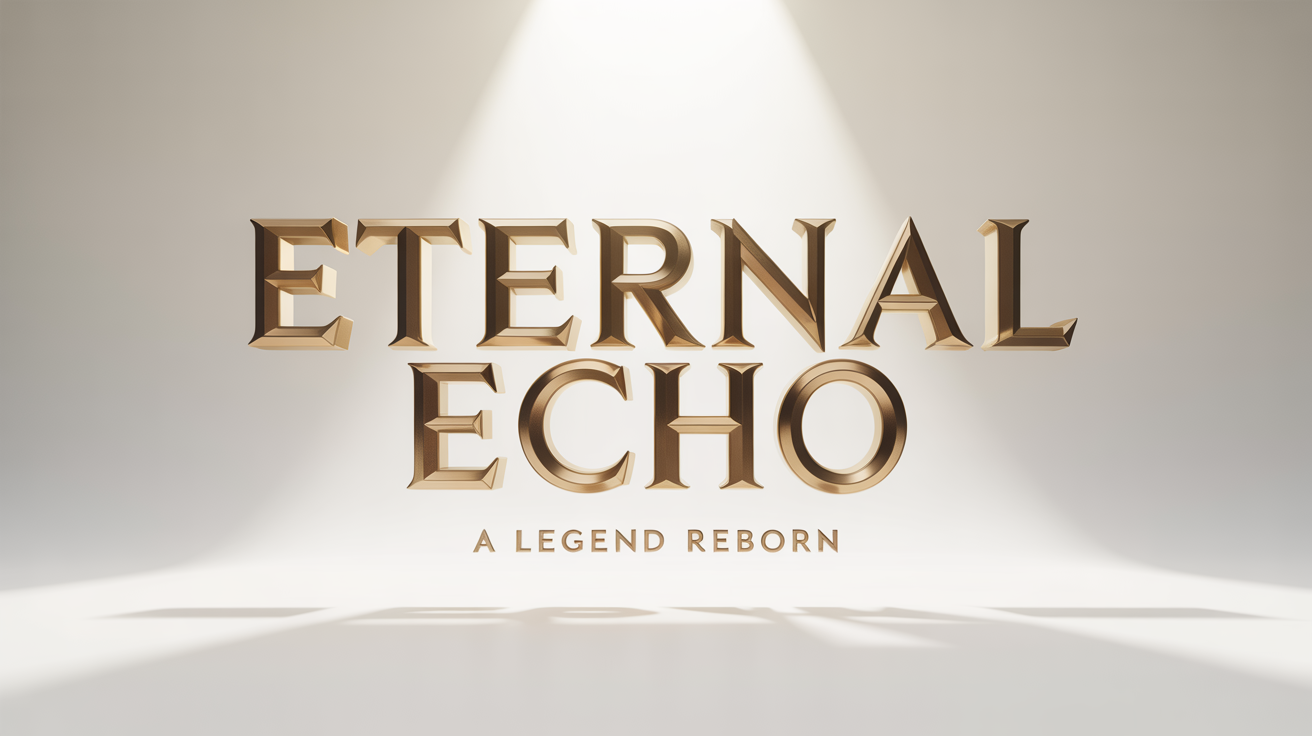 Cinematic 3D text effect showing the words 'ETERNAL ECHO' in bold, gold lettering with the tagline 'A LEGEND REBORN' below it, set against a white background.