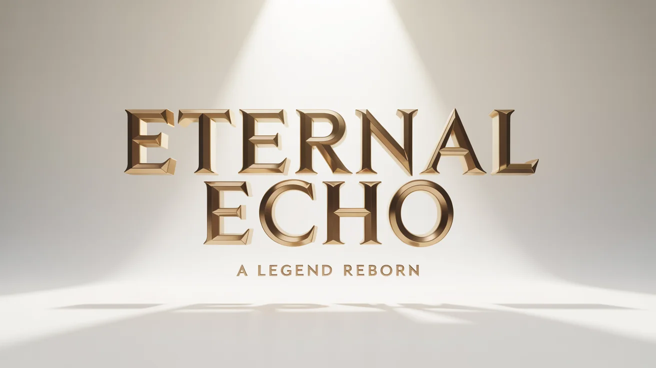 Cinematic 3D text effect showing the words 'ETERNAL ECHO' in bold, gold lettering with the tagline 'A LEGEND REBORN' below it, set against a white background.