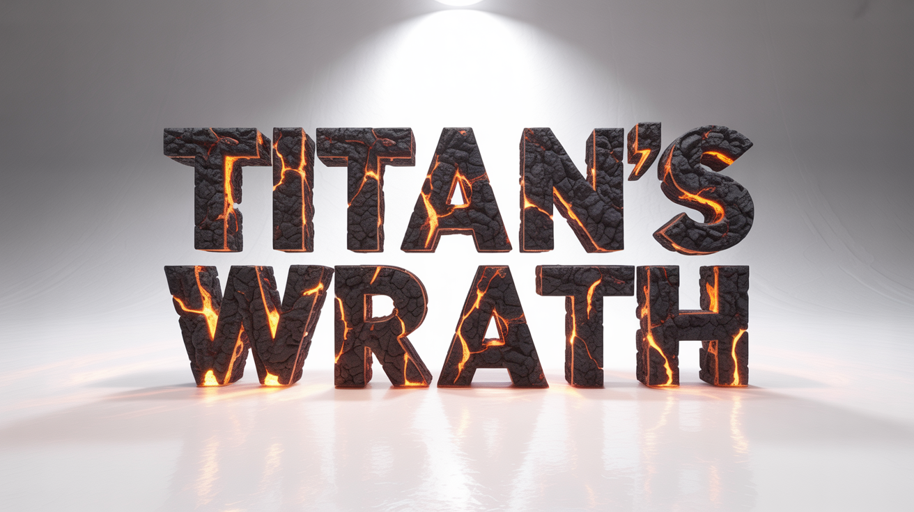 A cinematic text effect mockup of the words 'TITAN'S WRATH' rendered in 3D volcanic rock with glowing lava seams, presented against a clean white background.