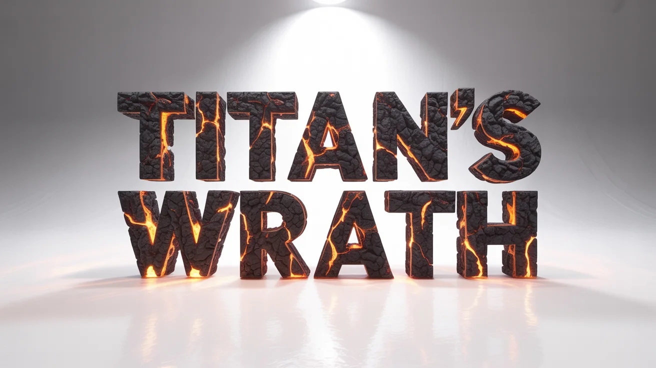 A cinematic text effect mockup of the words 'TITAN'S WRATH' rendered in 3D volcanic rock with glowing lava seams, presented against a clean white background.