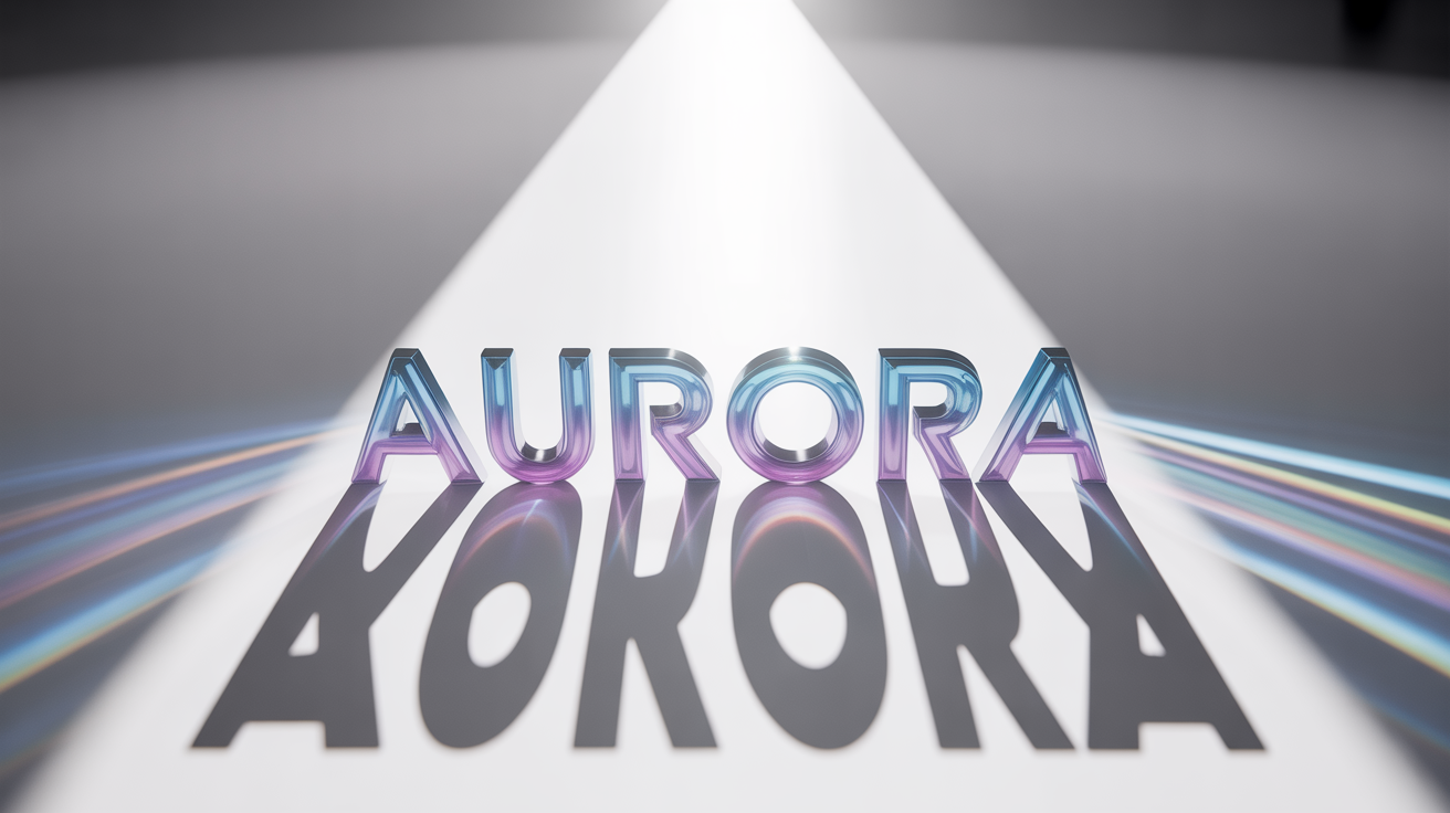 A 3D rendering of the word 'AURORA' in a bold, metallic, cinematic font, casting a shadow on a clean white background, illustrating a cinematic text effect.