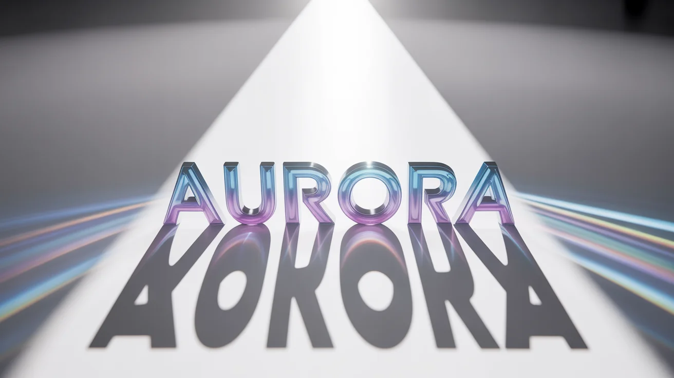 A 3D rendering of the word 'AURORA' in a bold, metallic, cinematic font, casting a shadow on a clean white background, illustrating a cinematic text effect.