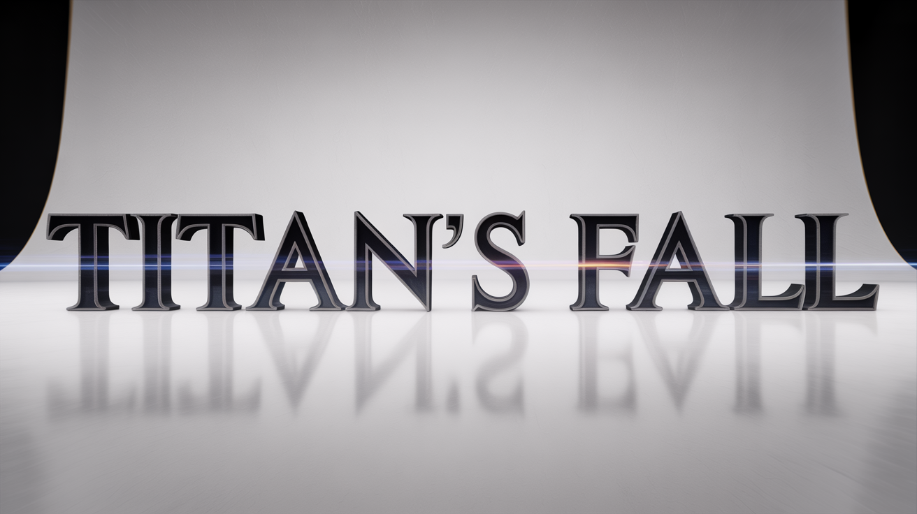 A photorealistic mockup of the words 'TITAN'S FALL' rendered in 3D chrome, cinematic-style text against a plain white background.