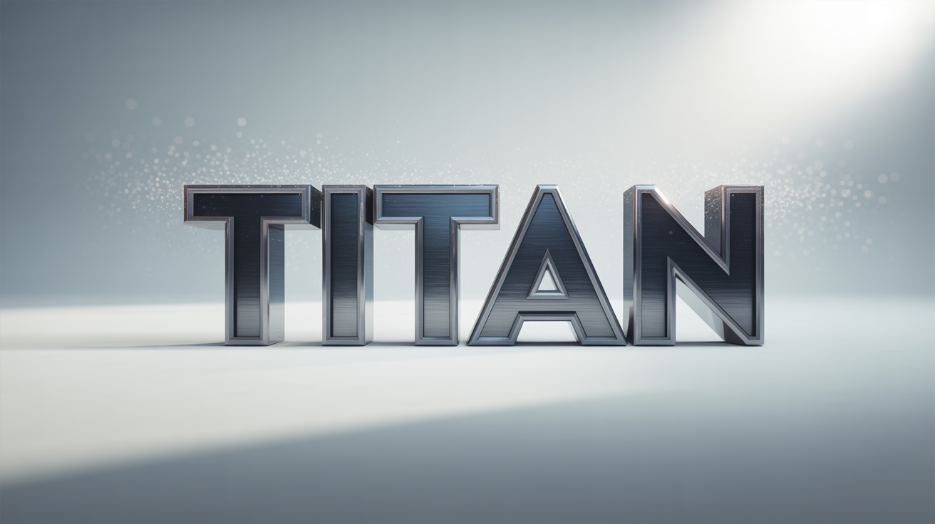 A 3D rendering of the word 'TITAN' in a bold, dark metallic font, set against a clean white background, creating a cinematic and epic effect.