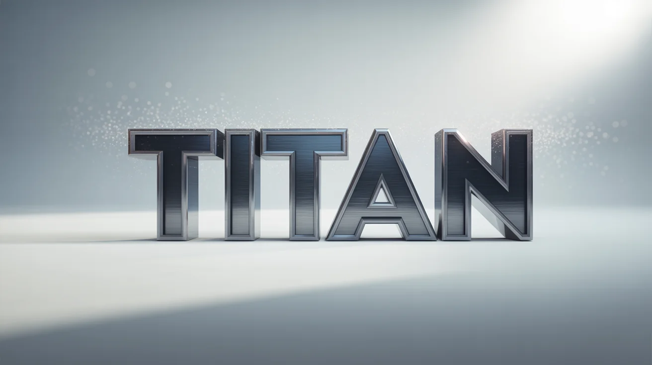 A 3D rendering of the word 'TITAN' in a bold, dark metallic font, set against a clean white background, creating a cinematic and epic effect.