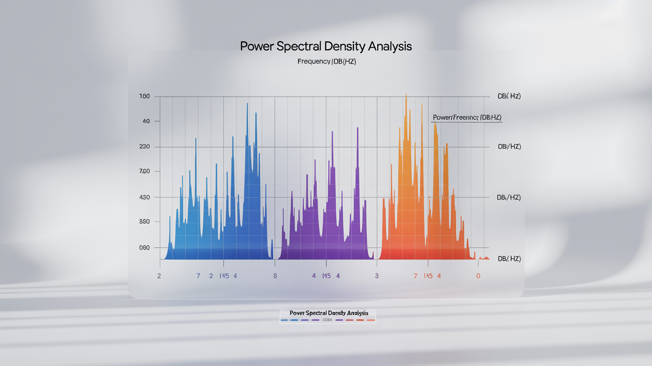 A professionally designed Power Spectral Density plot showing the final output from a data analysis tool. The graph displays three colored signal lines against frequency and power axes, set on a clean white background.