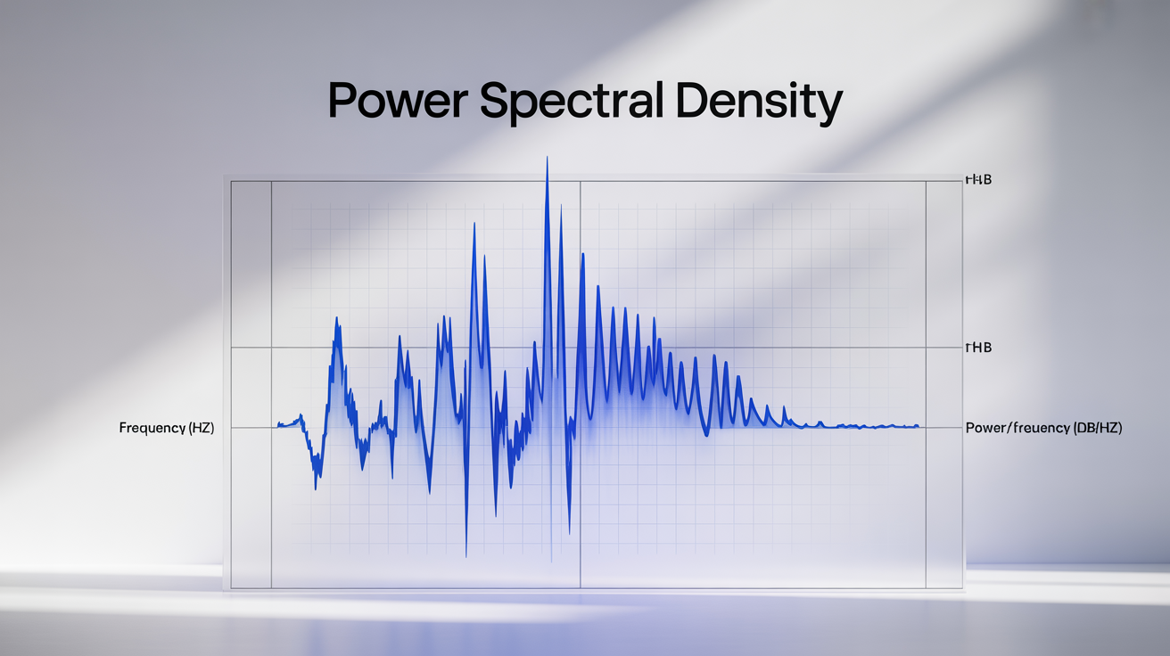 A modern, clear Power Spectral Density plot on a white background. The graph shows a vibrant blue line with several peaks, with axes clearly labeled 'Frequency (Hz)' and 'Power/Frequency (dB/Hz)'.