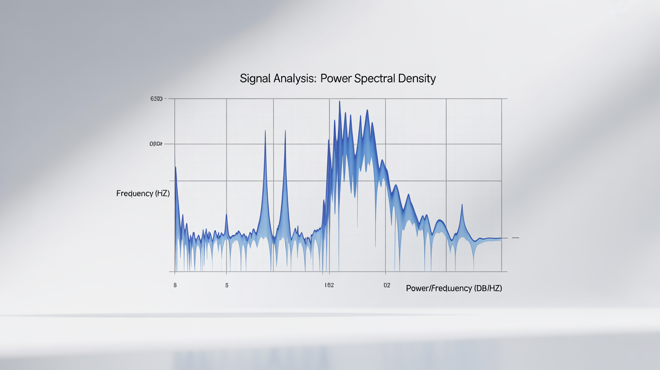 A modern, cleanly designed Power Spectral Density plot. The graph shows a blue line with several peaks, representing signal power. The x-axis is labeled 'Frequency (Hz)', the y-axis is 'Power/Frequency (dB/Hz)', and the title is 'Signal Analysis: Power Spectral Density'.