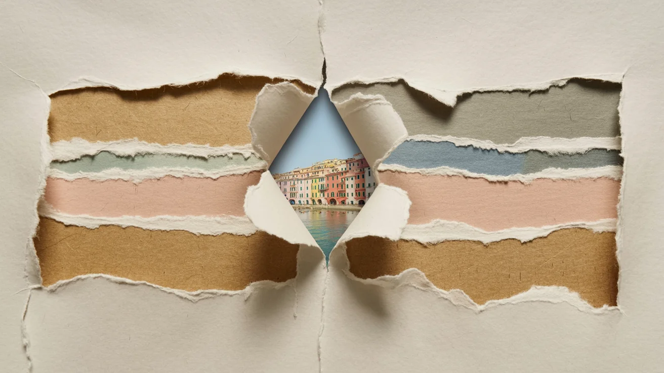 A professional graphic design collage demonstrating a torn paper effect. A central piece of torn white paper reveals a colorful photo of a coastal town, layered on top of other pieces of ripped pastel and brown paper on a light gray background.