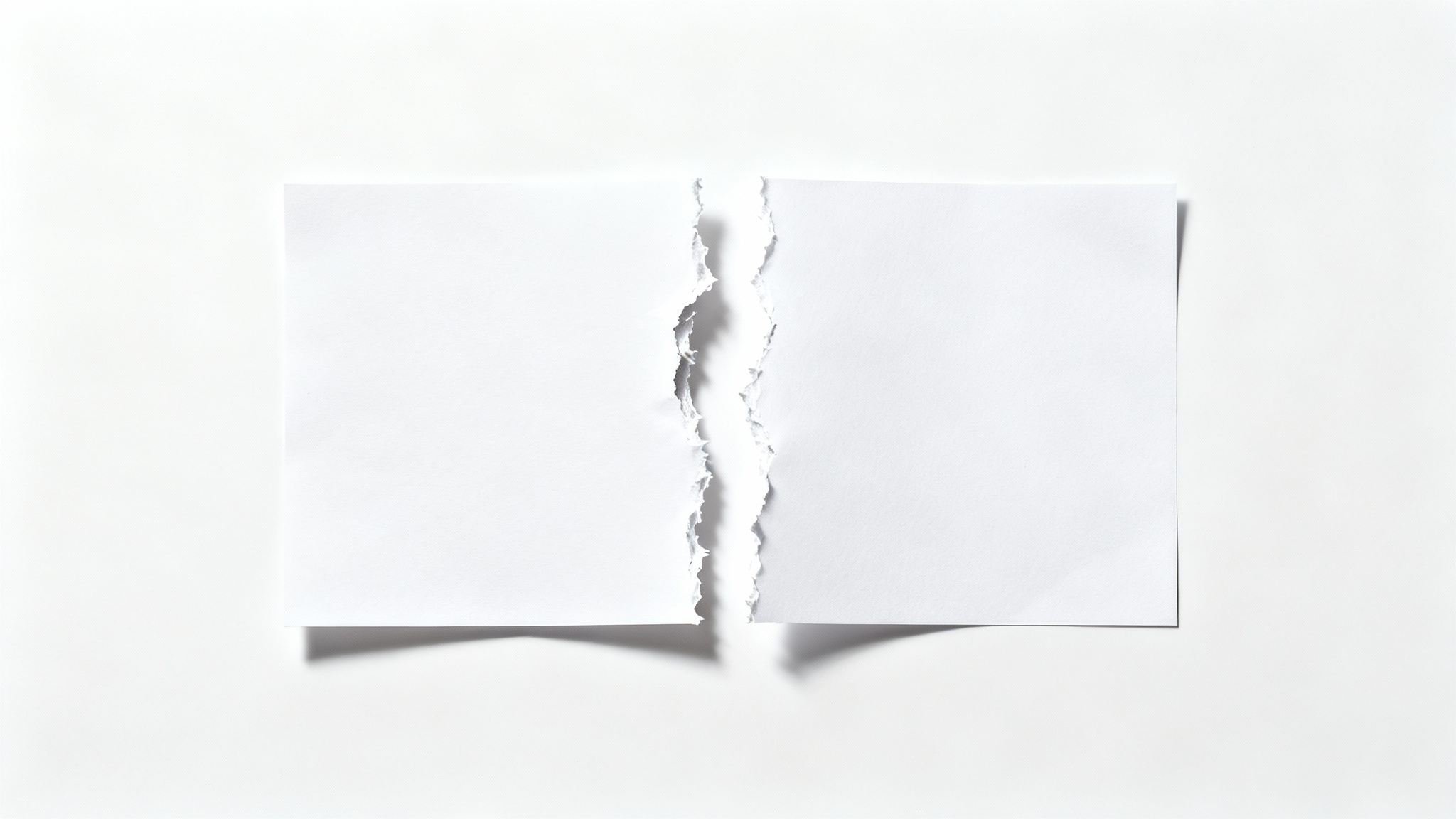 A hyper-realistic image of a white piece of paper torn in the middle, displaying the detailed, fibrous edges of the tear, set against a plain white background.