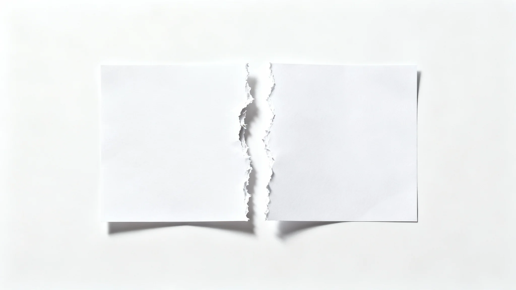 A hyper-realistic image of a white piece of paper torn in the middle, displaying the detailed, fibrous edges of the tear, set against a plain white background.