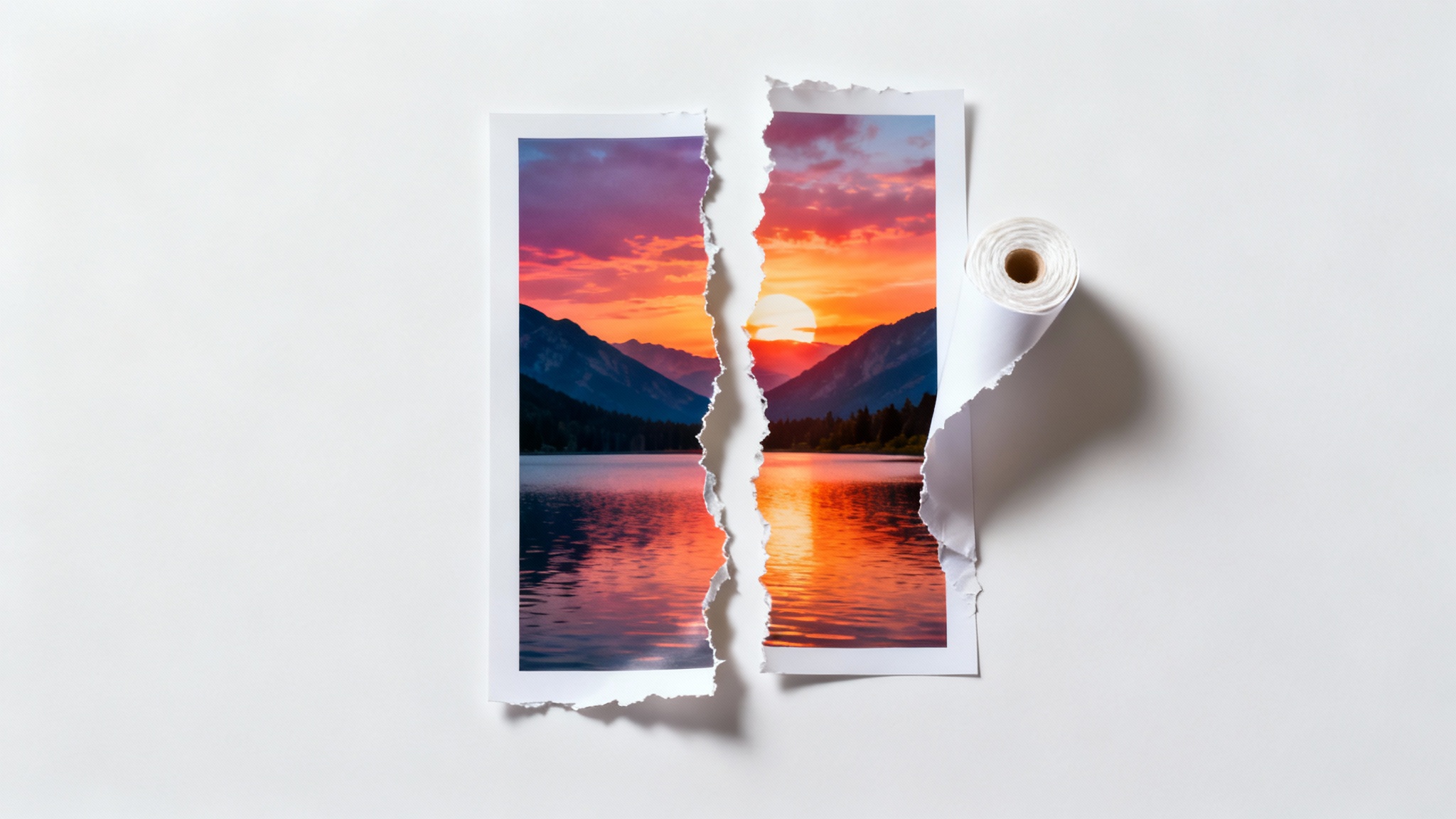A photorealistic mockup of a photograph of a mountain sunset torn in half, demonstrating a detailed torn paper effect on a clean white background.