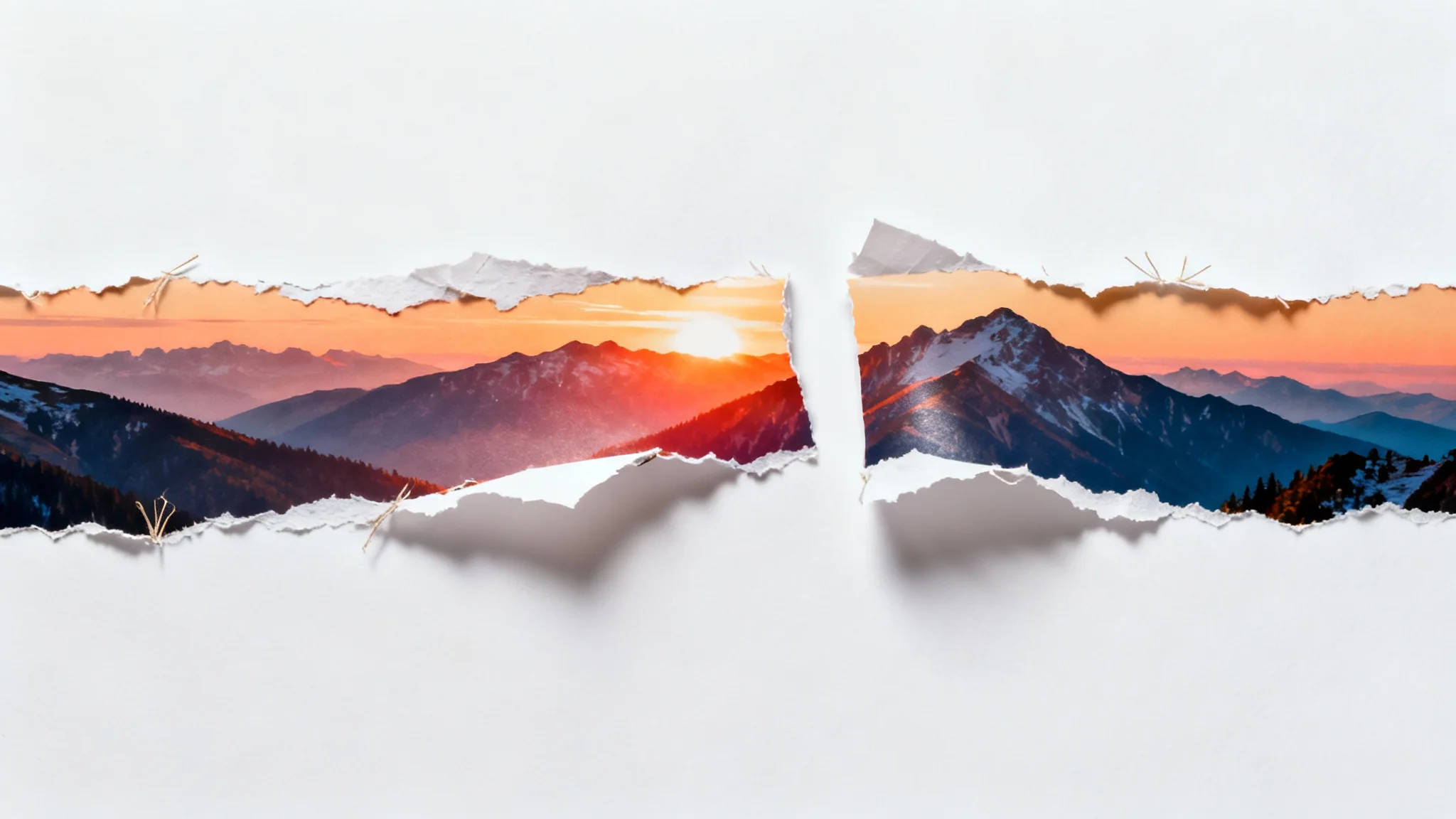 A mockup of a torn paper effect, showing a photograph of a mountain landscape torn in half horizontally against a white background.