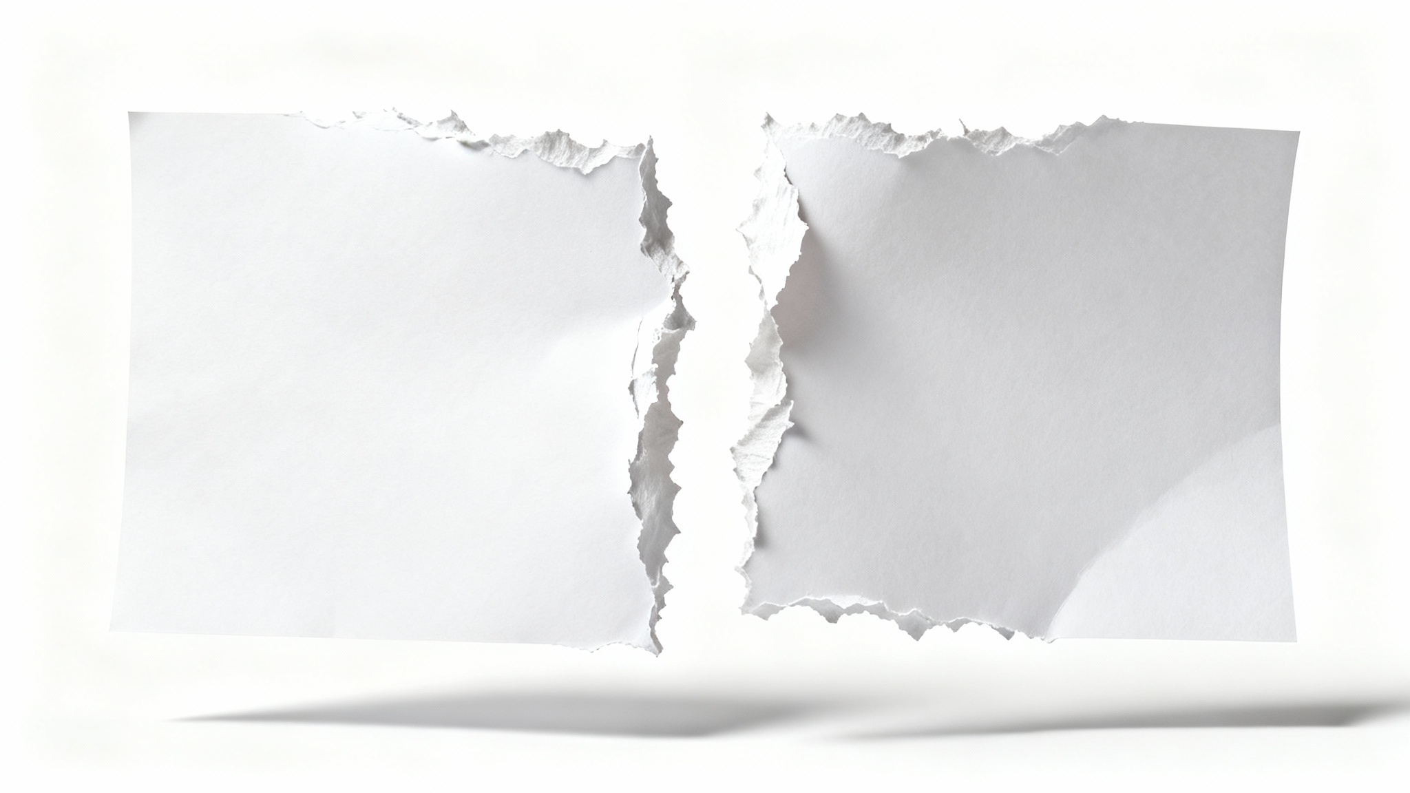 A photorealistic mockup image of a single piece of white paper torn in half, showcasing the detailed, fibrous texture of the torn edge against a plain white background.