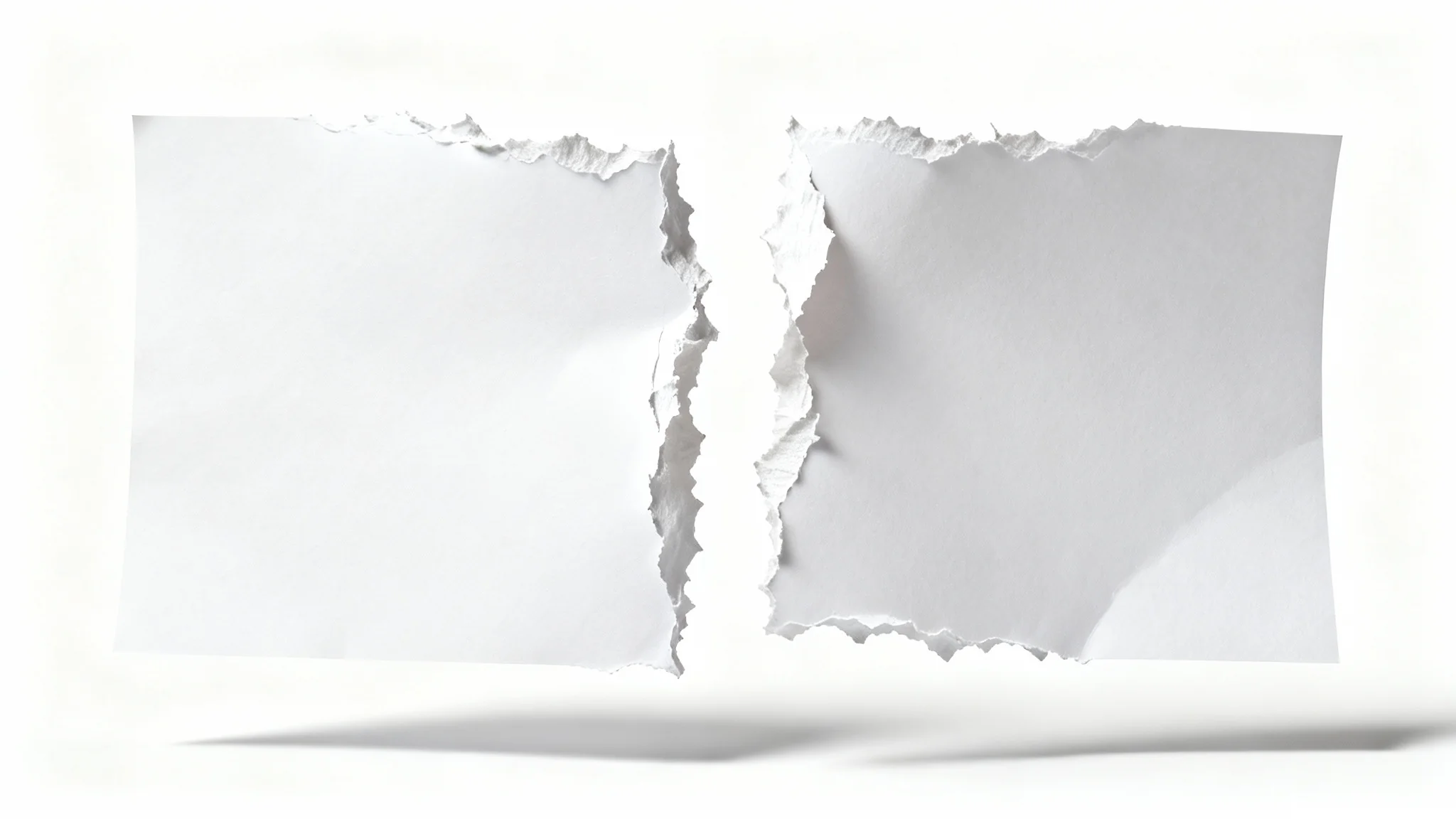 A photorealistic mockup image of a single piece of white paper torn in half, showcasing the detailed, fibrous texture of the torn edge against a plain white background.