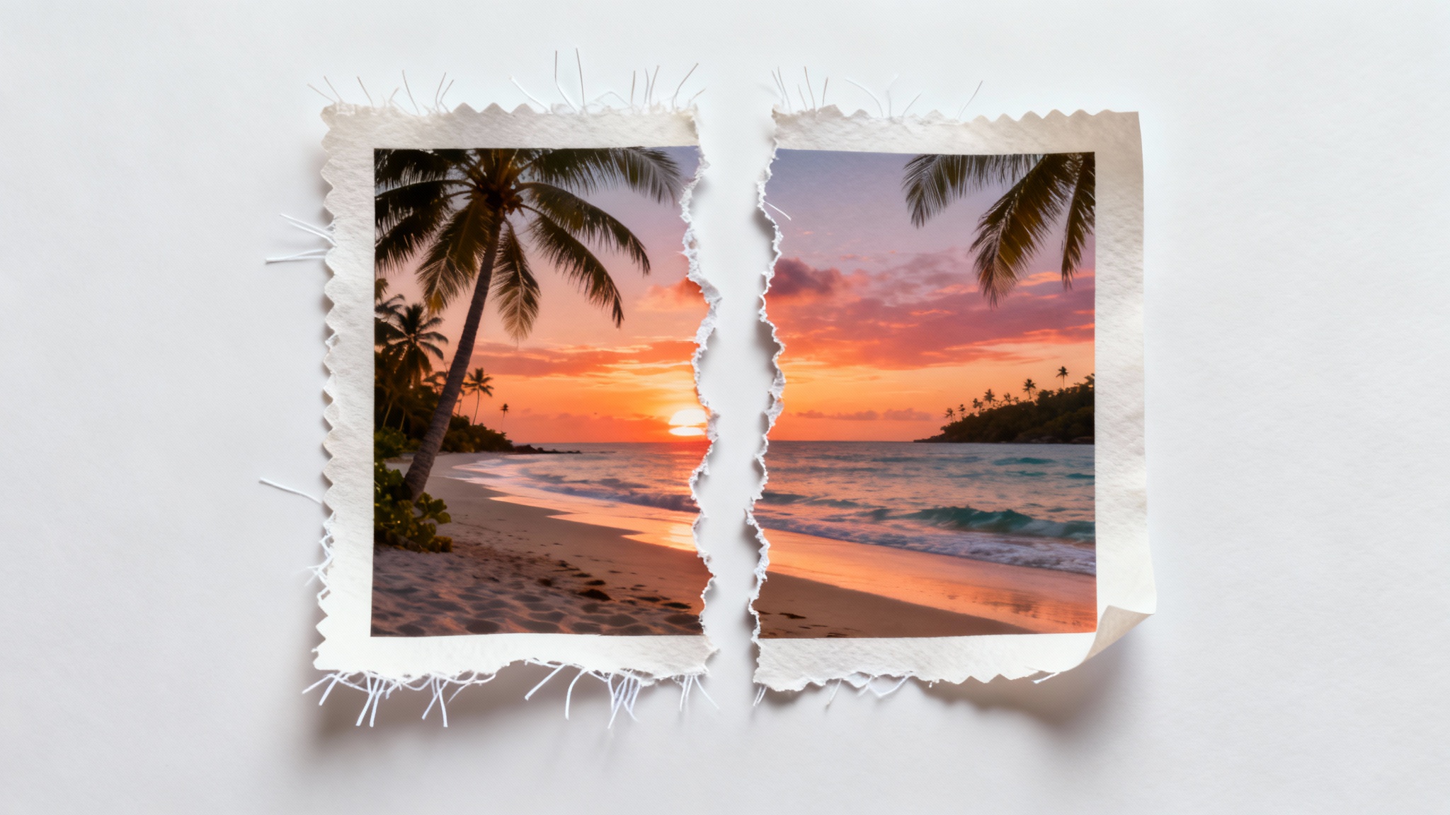 A photorealistic mockup of a torn paper effect, showing a colorful beach photograph ripped in half vertically, with detailed fibrous white edges, on a clean white background.