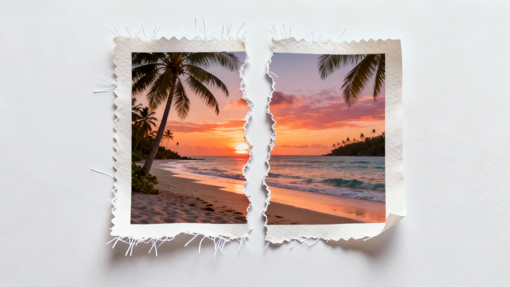 A photorealistic mockup of a torn paper effect, showing a colorful beach photograph ripped in half vertically, with detailed fibrous white edges, on a clean white background.