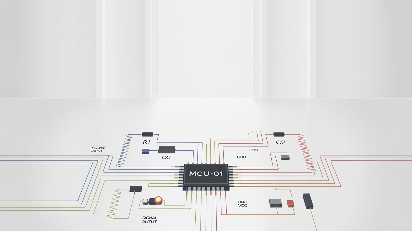 A clean, modern wiring diagram of a complex electronic circuit on a white background, showing a central microcontroller connected to various components with colorful wires and clear labels.