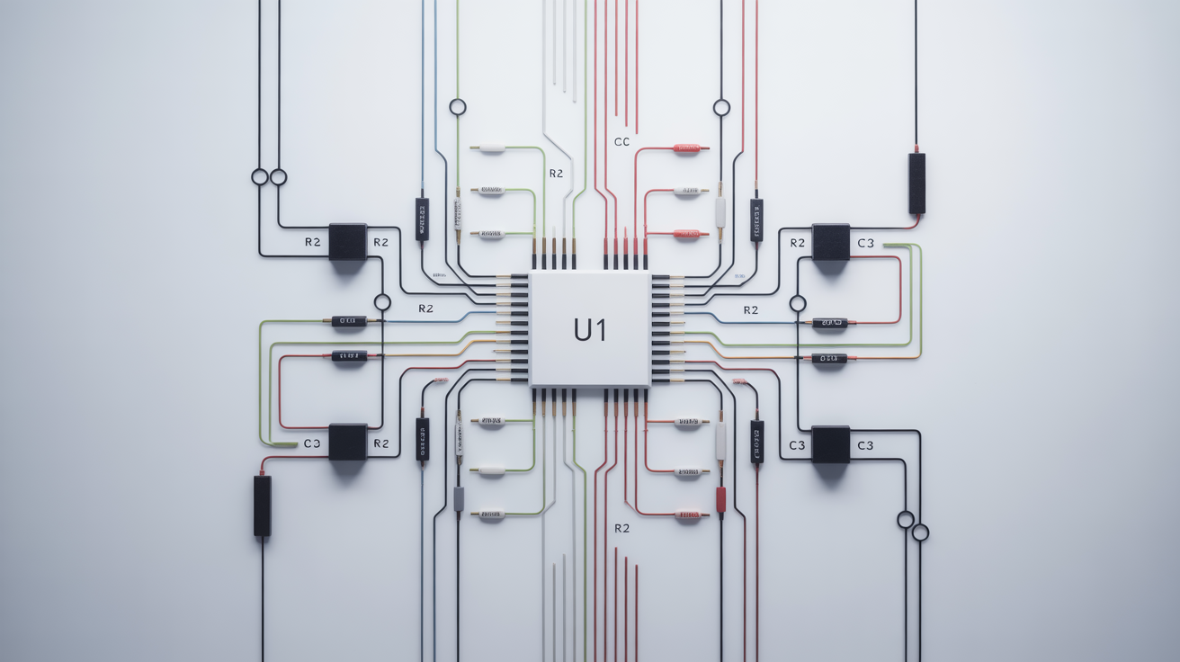 A complex but clear electronic wiring diagram on a white background, featuring symbols for components like resistors and capacitors connected by a network of red, black, blue, and green lines.