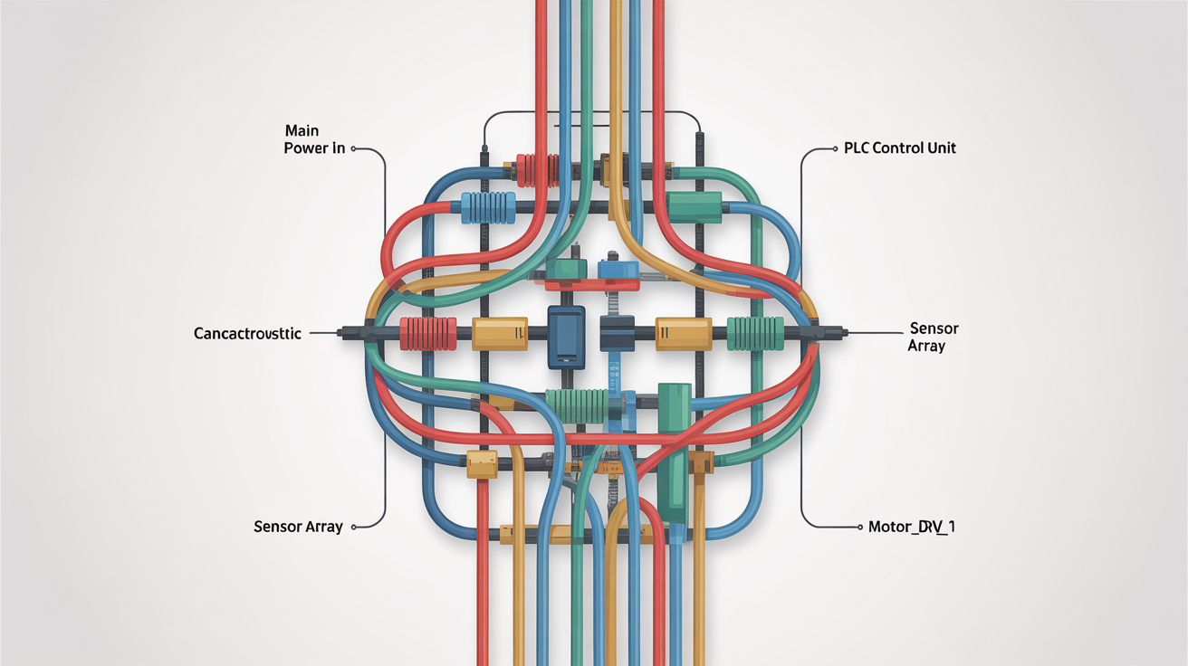 A professionally designed wiring diagram mockup. It shows color-coded wires connecting different electronic components, with labels for sections like the power unit and control logic, all on a clean white background.