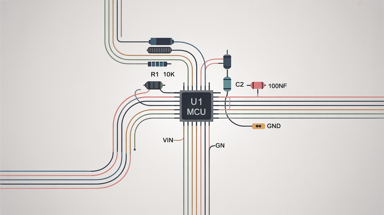A clean and modern wiring diagram of an electronic circuit, featuring labeled components and color-coded pathways on a white background, representing a wiring diagram editor.
