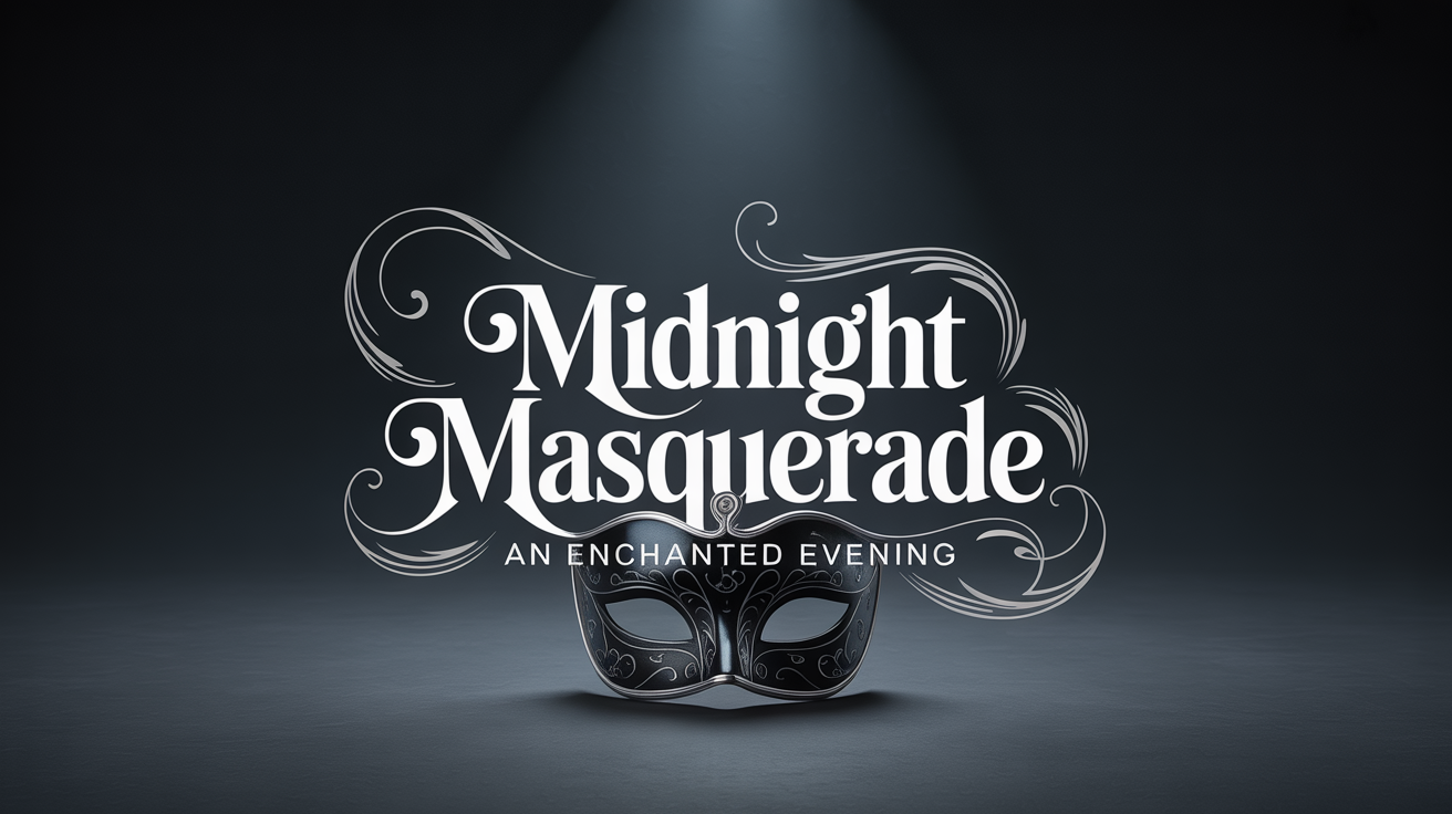 A polished digital poster for a 'Midnight Masquerade' event, showcasing modern gothic typography on a dark background with silver filigree details. This represents a final design output from a typography tool.