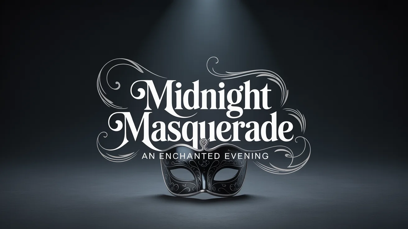 A polished digital poster for a 'Midnight Masquerade' event, showcasing modern gothic typography on a dark background with silver filigree details. This represents a final design output from a typography tool.