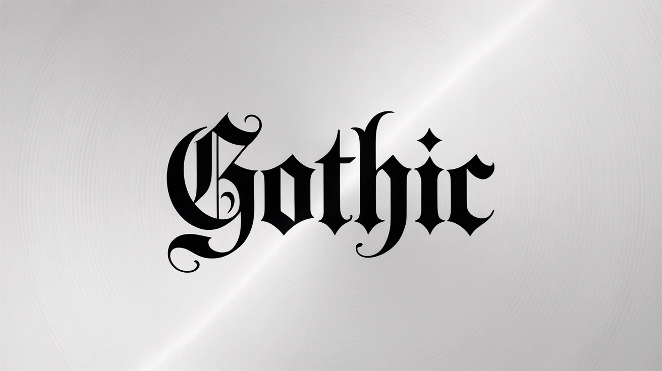 A photorealistic image showcasing the word 'Gothic' written in a detailed and ornate blackletter typography style, set against a clean white background.