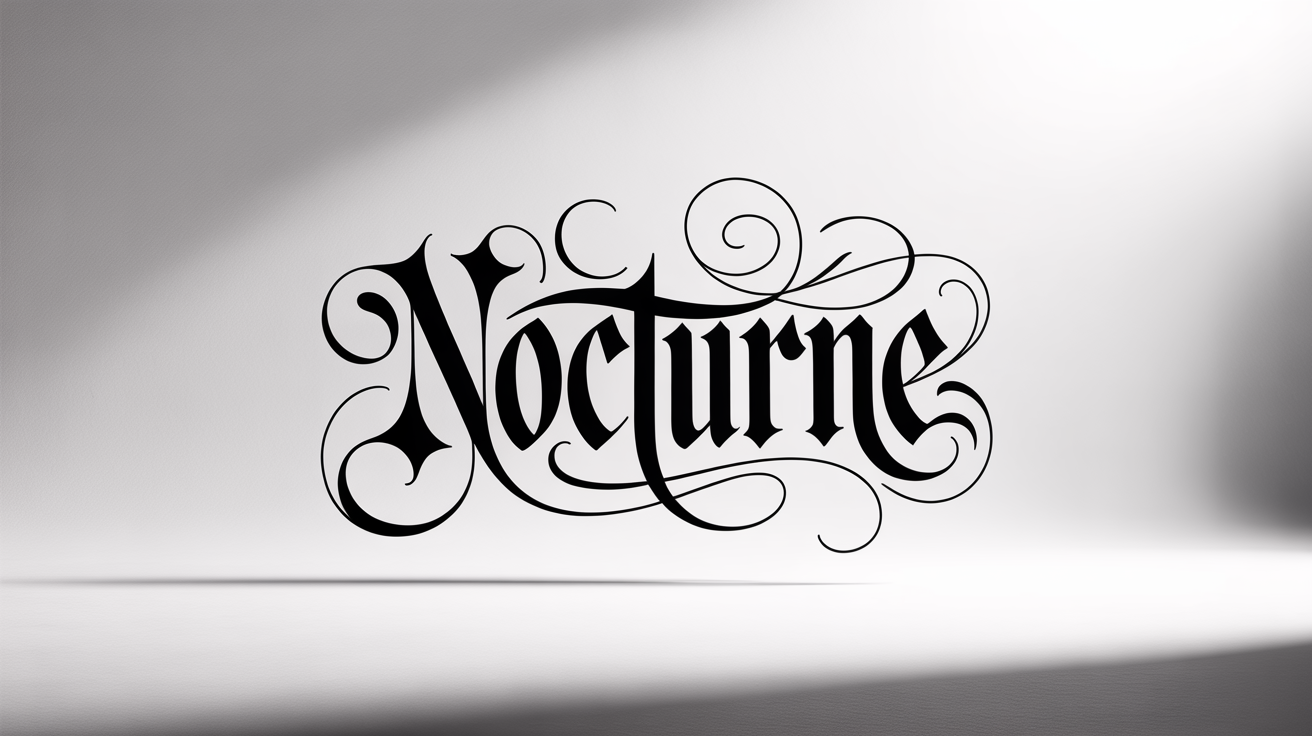 The word 'Nocturne' displayed in a highly detailed and ornate black gothic blackletter font, set against a stark white background to highlight its intricate design.