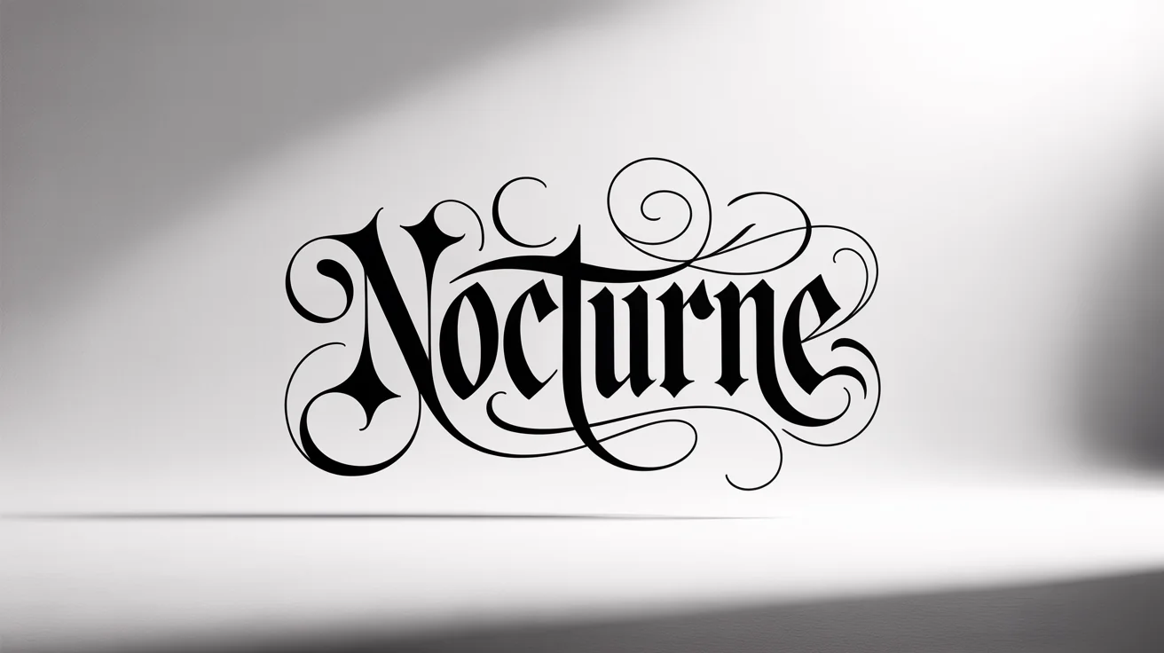 The word 'Nocturne' displayed in a highly detailed and ornate black gothic blackletter font, set against a stark white background to highlight its intricate design.