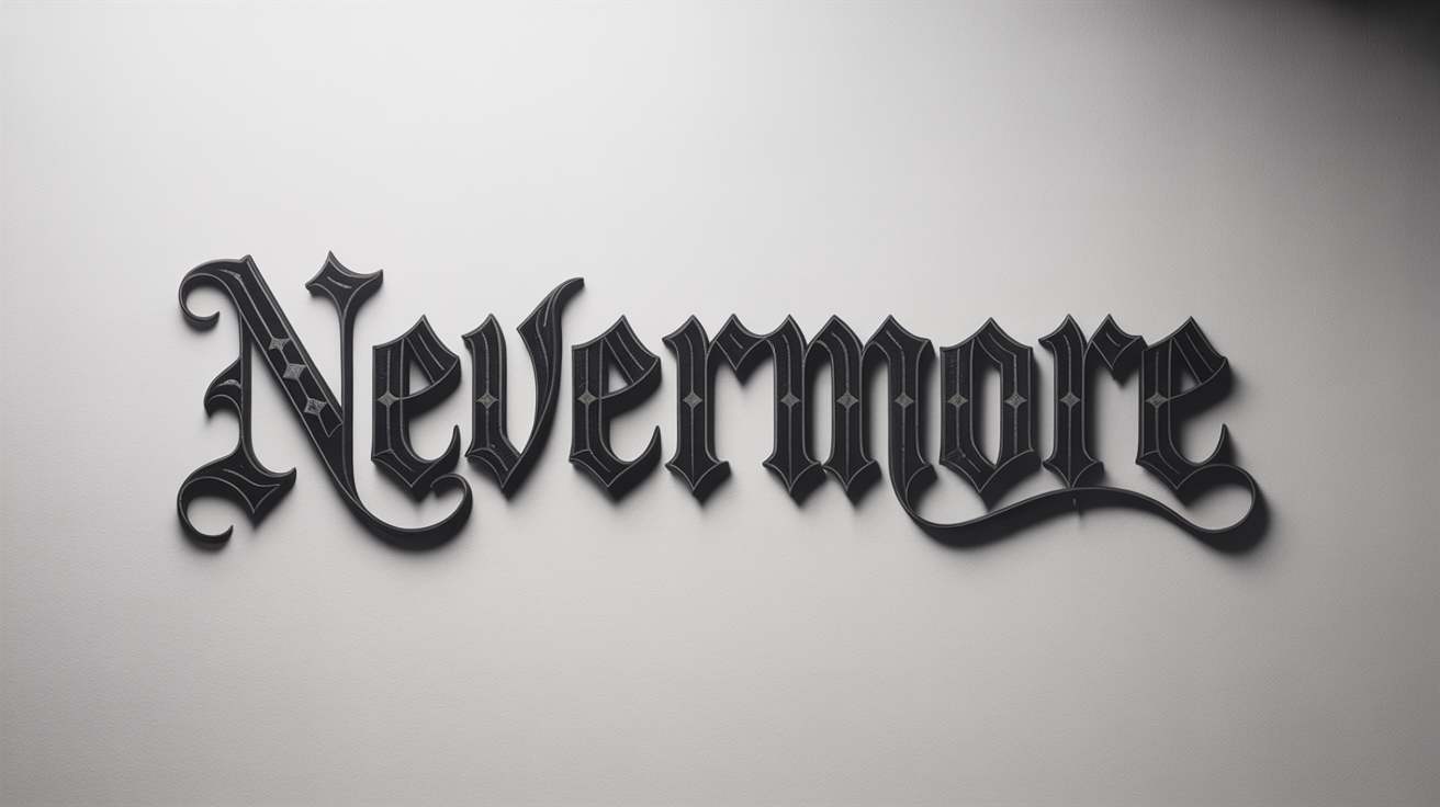 A design mockup showing the word 'Nevermore' written in a beautiful and intricate black gothic font, isolated on a clean white background.