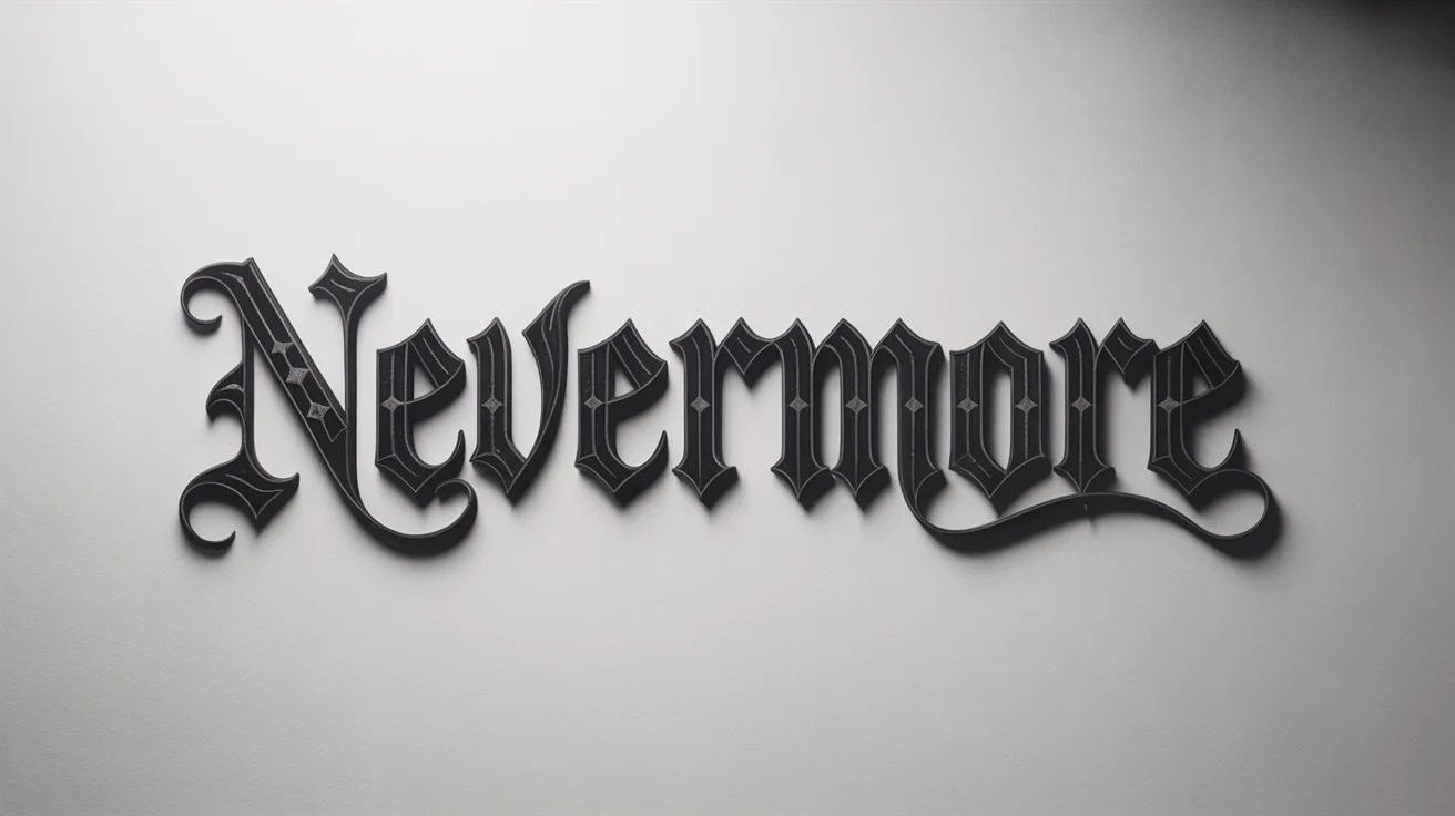 A design mockup showing the word 'Nevermore' written in a beautiful and intricate black gothic font, isolated on a clean white background.