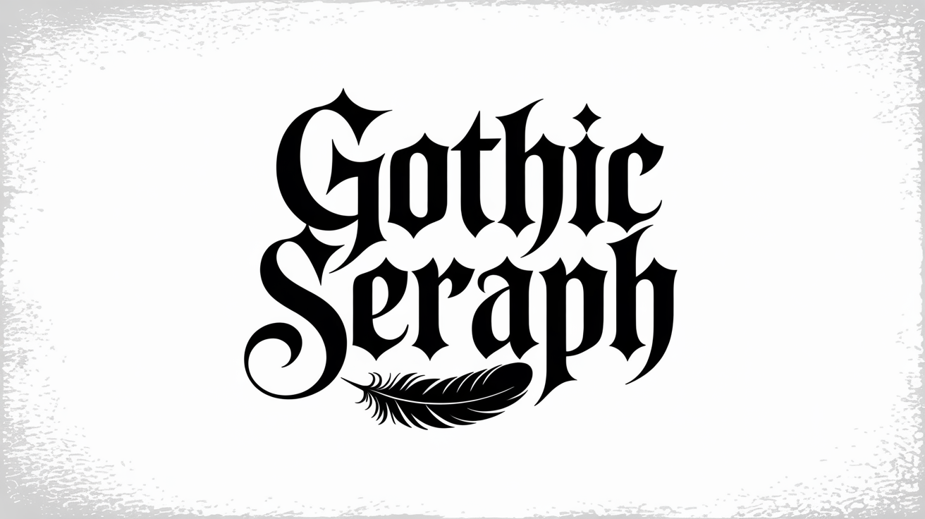 A high-contrast typography mockup featuring the words 'Gothic Seraph' in a detailed, black gothic font, displayed centrally on a clean white background.
