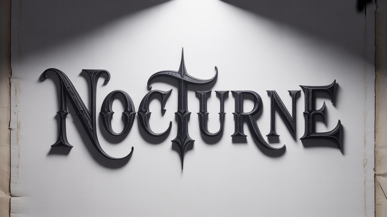 An elegant mockup of the word 'Nocturne' written in a detailed, ornate gothic blackletter font on a clean white background, showcasing the intricate style.