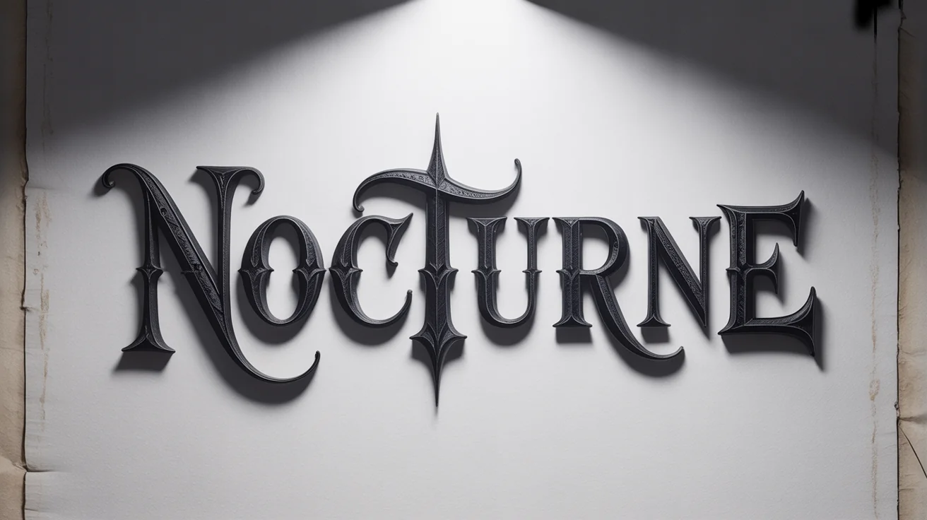 An elegant mockup of the word 'Nocturne' written in a detailed, ornate gothic blackletter font on a clean white background, showcasing the intricate style.