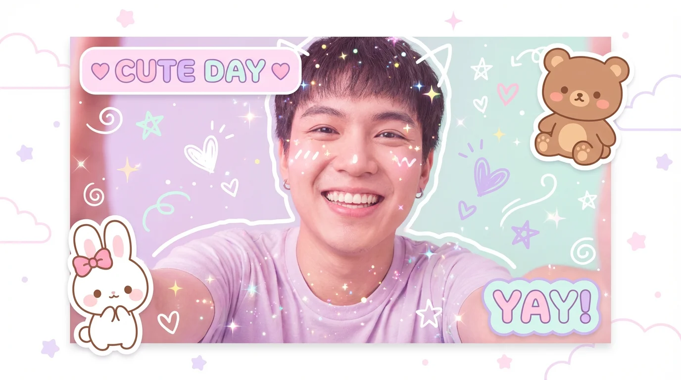A selfie of a happy person transformed by a kawaii photo editor, featuring cute animal stickers, sparkles, pastel colors, and text bubbles that say 'CUTE DAY' and 'YAY!'.