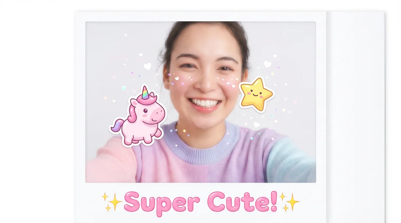 A photograph of a smiling woman that has been edited in a kawaii style, featuring cute stickers of a unicorn and a star, floating sparkles, and the text 'Super Cute!' at the bottom.