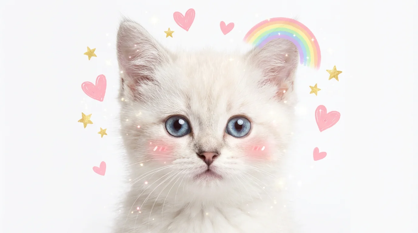 A close-up photo of a cute white kitten edited in a kawaii style, with digital hearts, stars, a rainbow, and blush on its cheeks, isolated on a white background.
