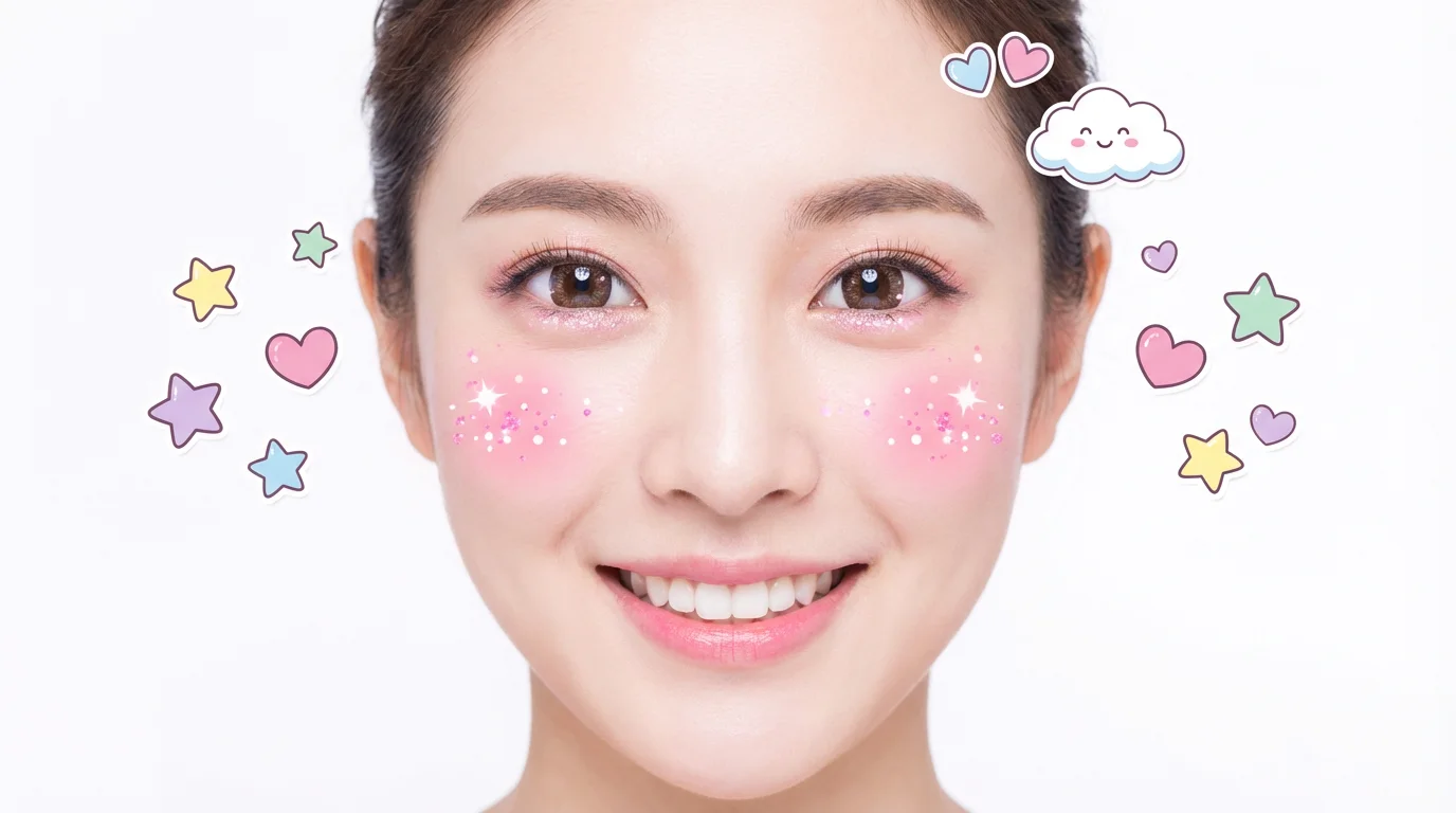 A close-up portrait of a happy young woman, digitally enhanced with cute kawaii stickers like stars and hearts, sparkling glitter, and pink blush on her cheeks, all set against a plain white background.