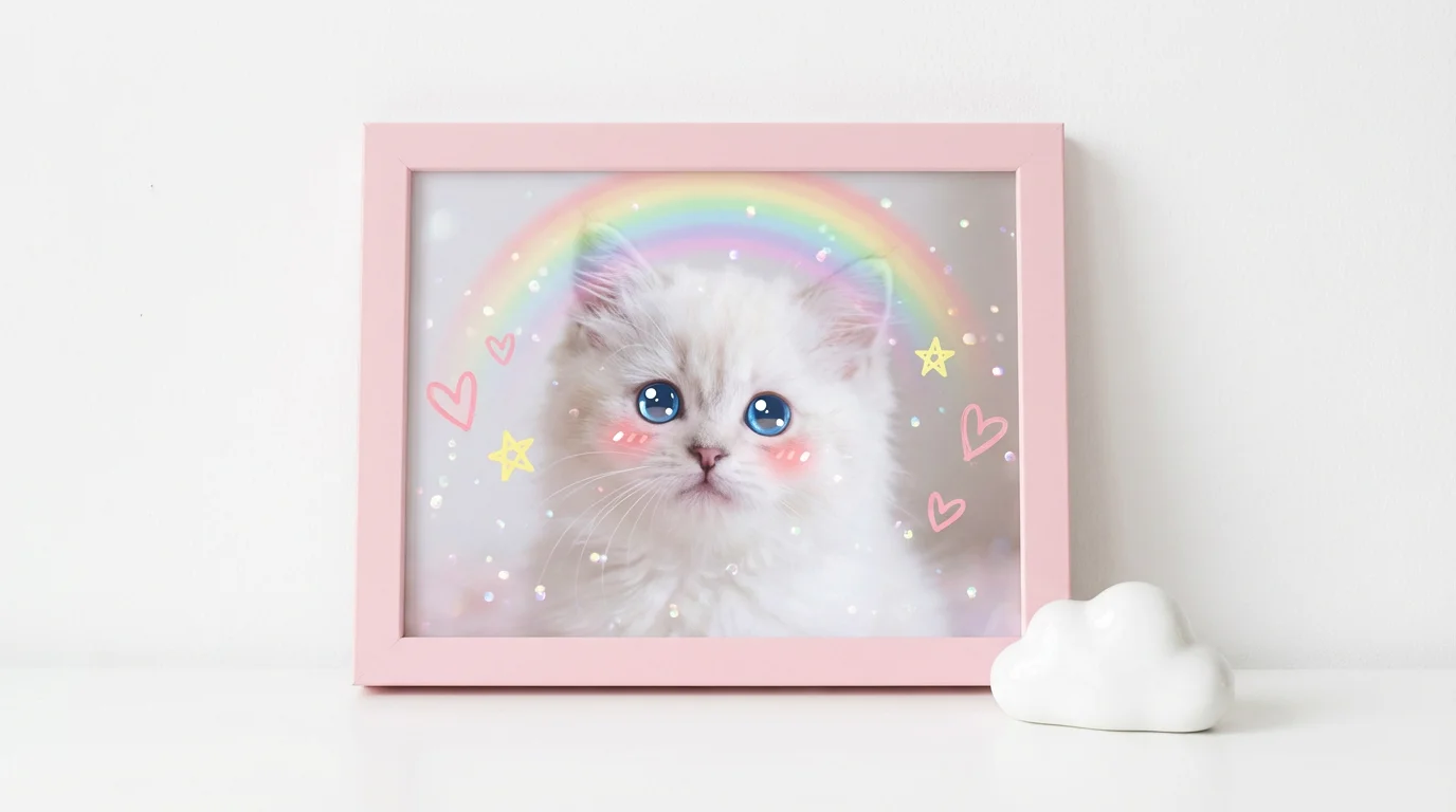 A fluffy white kitten in a photo edited with a kawaii aesthetic, featuring digital sparkles, pastel hearts, and a small rainbow, set against a white background.