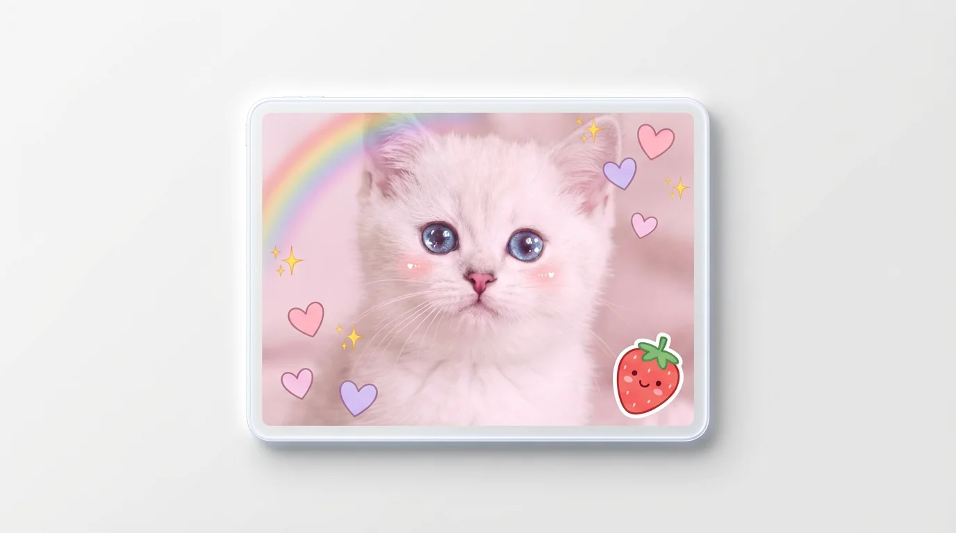 An adorable white kitten with blue eyes, edited in a kawaii style with floating hearts, sparkles, a rainbow, and a smiling strawberry sticker, on a white background.