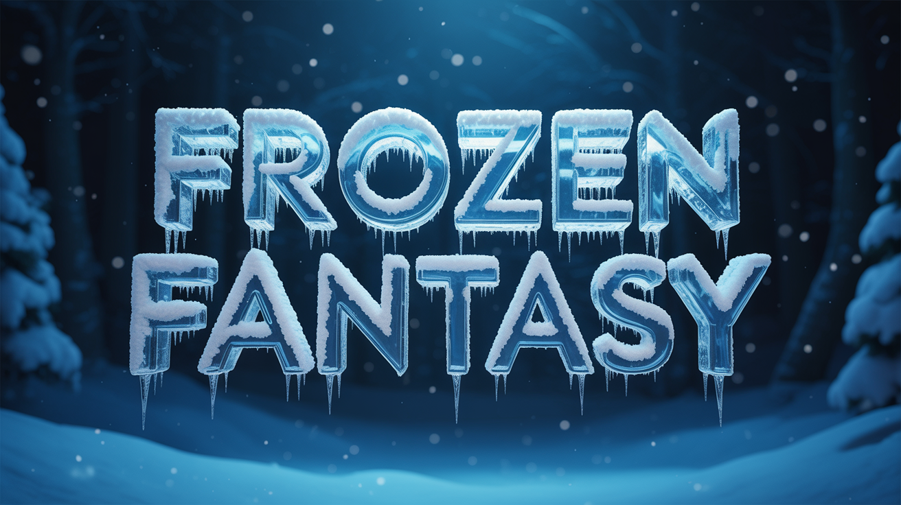 A photorealistic hero image showing the words 'FROZEN FANTASY' created with a frozen text effect, featuring letters made of ice, covered in frost, and adorned with glistening icicles against a dark blue snowy background.