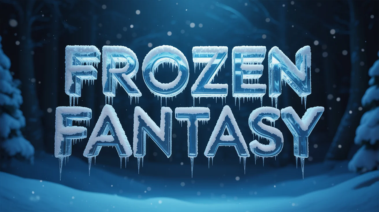 A photorealistic hero image showing the words 'FROZEN FANTASY' created with a frozen text effect, featuring letters made of ice, covered in frost, and adorned with glistening icicles against a dark blue snowy background.