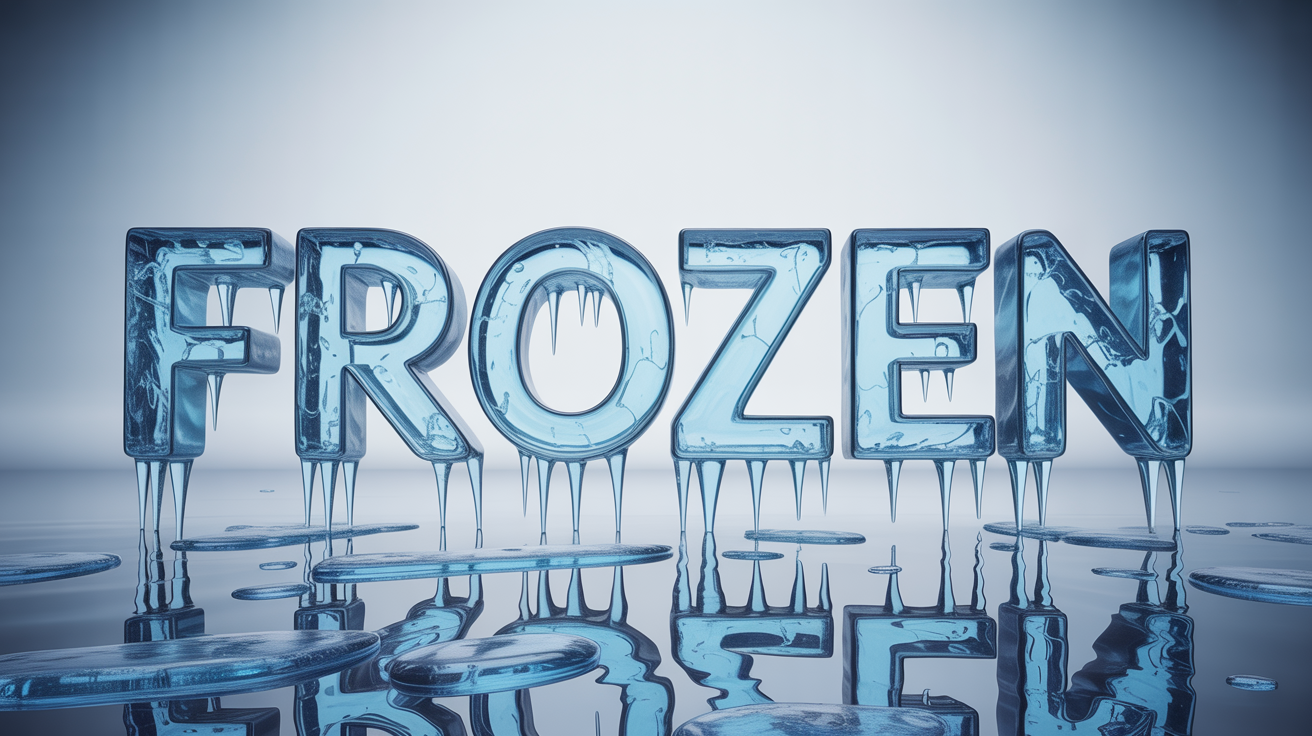 The word 'FROZEN' rendered in a realistic 3D frozen text effect, appearing to be made of cracked and frosted blue ice with icicles, set against a plain white background.