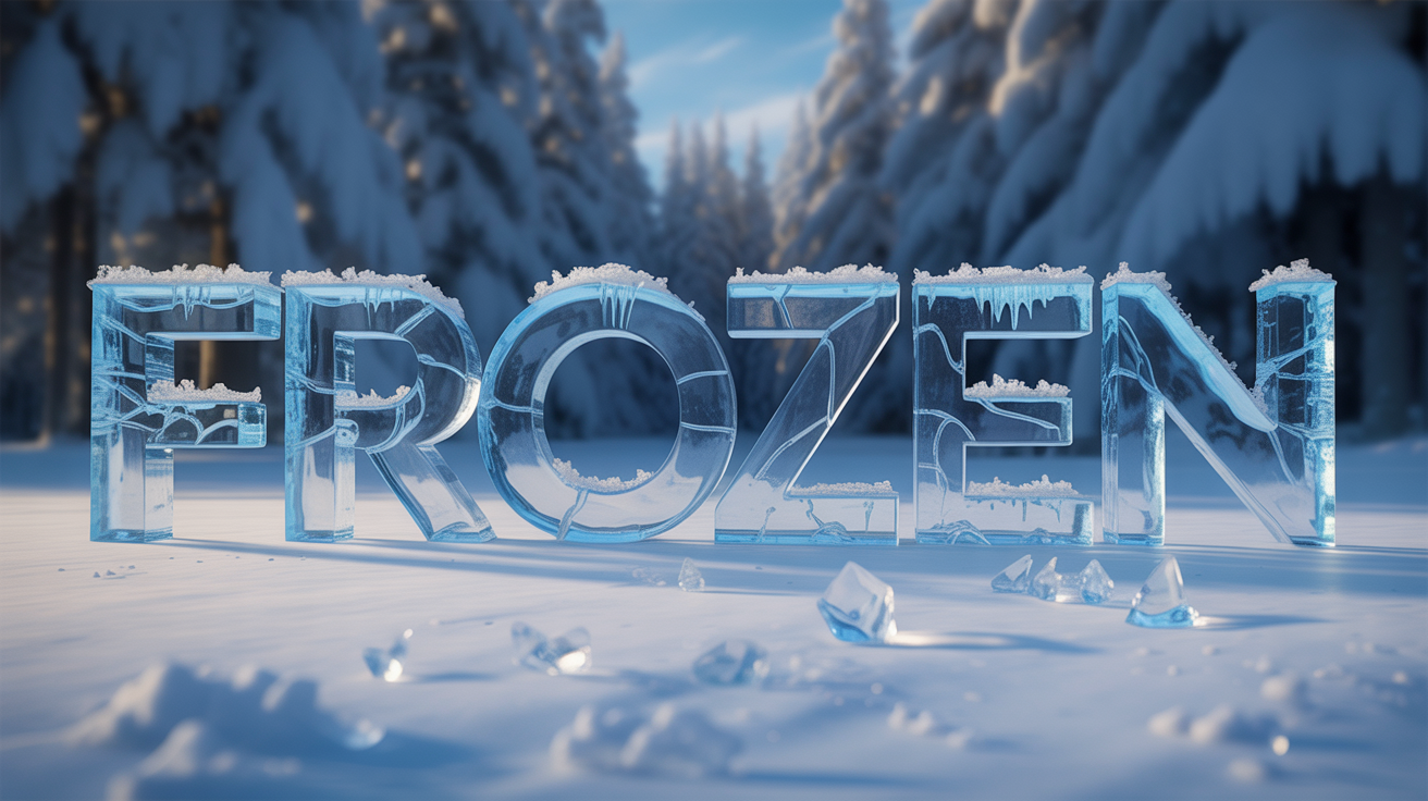 The word 'FROZEN' is displayed in a hyper-realistic ice text effect. The letters are made of clear, cracked blue ice covered in frost, set against a stark white background.