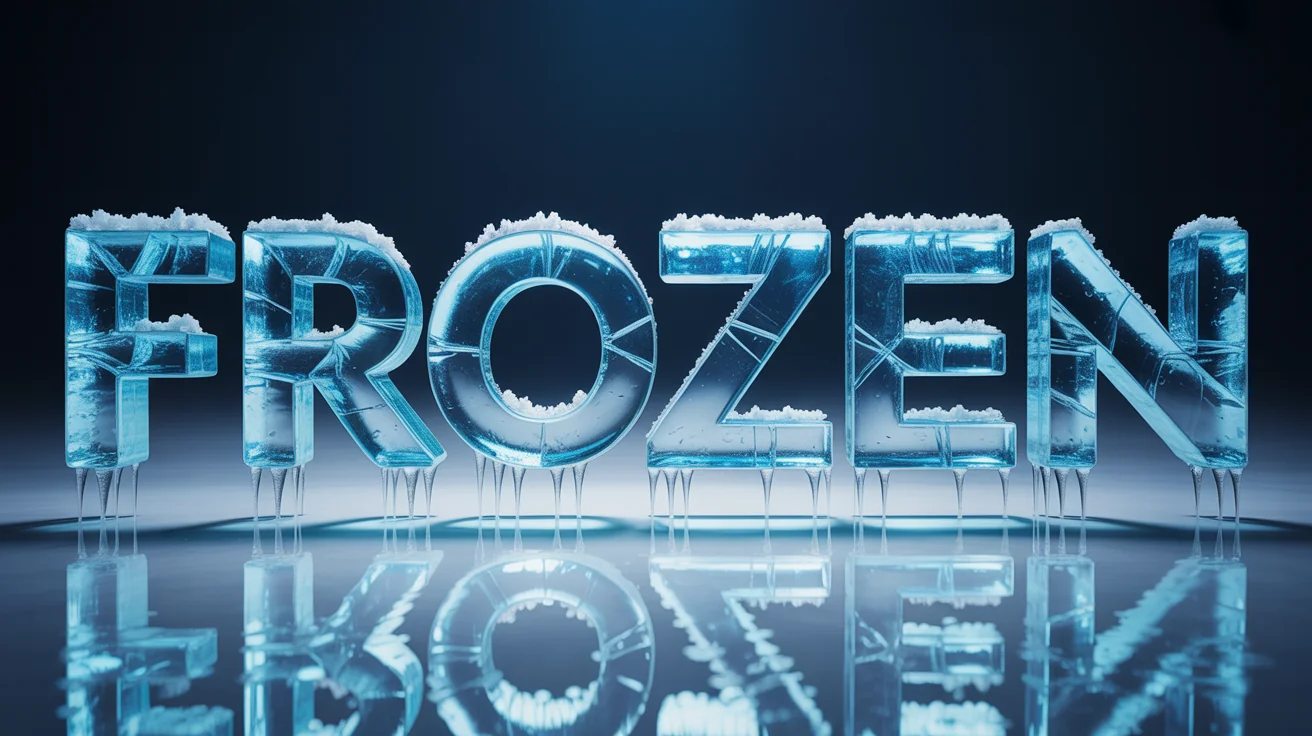 A photorealistic rendering of the word 'FROZEN' created from letters made of clear blue ice, covered in frost and small icicles, set against a clean white background.