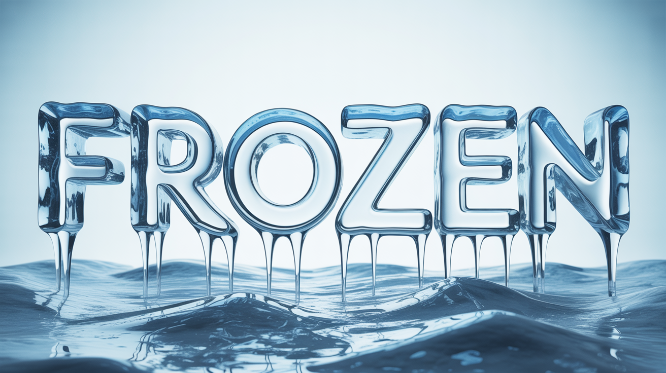 The word "FROZEN" is rendered in a photorealistic 3D ice effect, with detailed textures of cracks, frost, and dripping icicles, set against a plain white background.