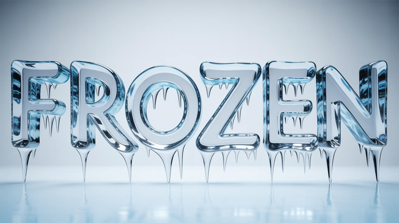 The word 'FROZEN' depicted in a realistic 3D ice effect, showing translucent letters covered in frost and icicles against a plain white background.