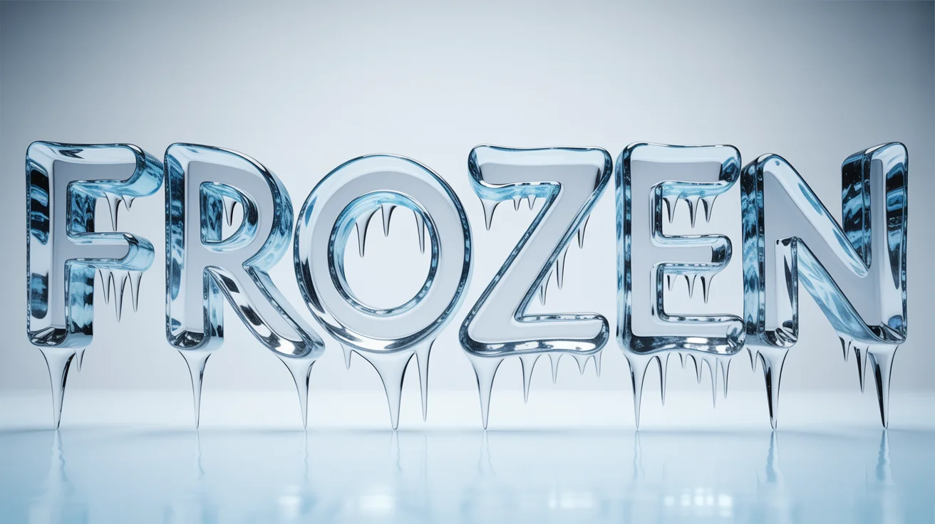 The word 'FROZEN' depicted in a realistic 3D ice effect, showing translucent letters covered in frost and icicles against a plain white background.