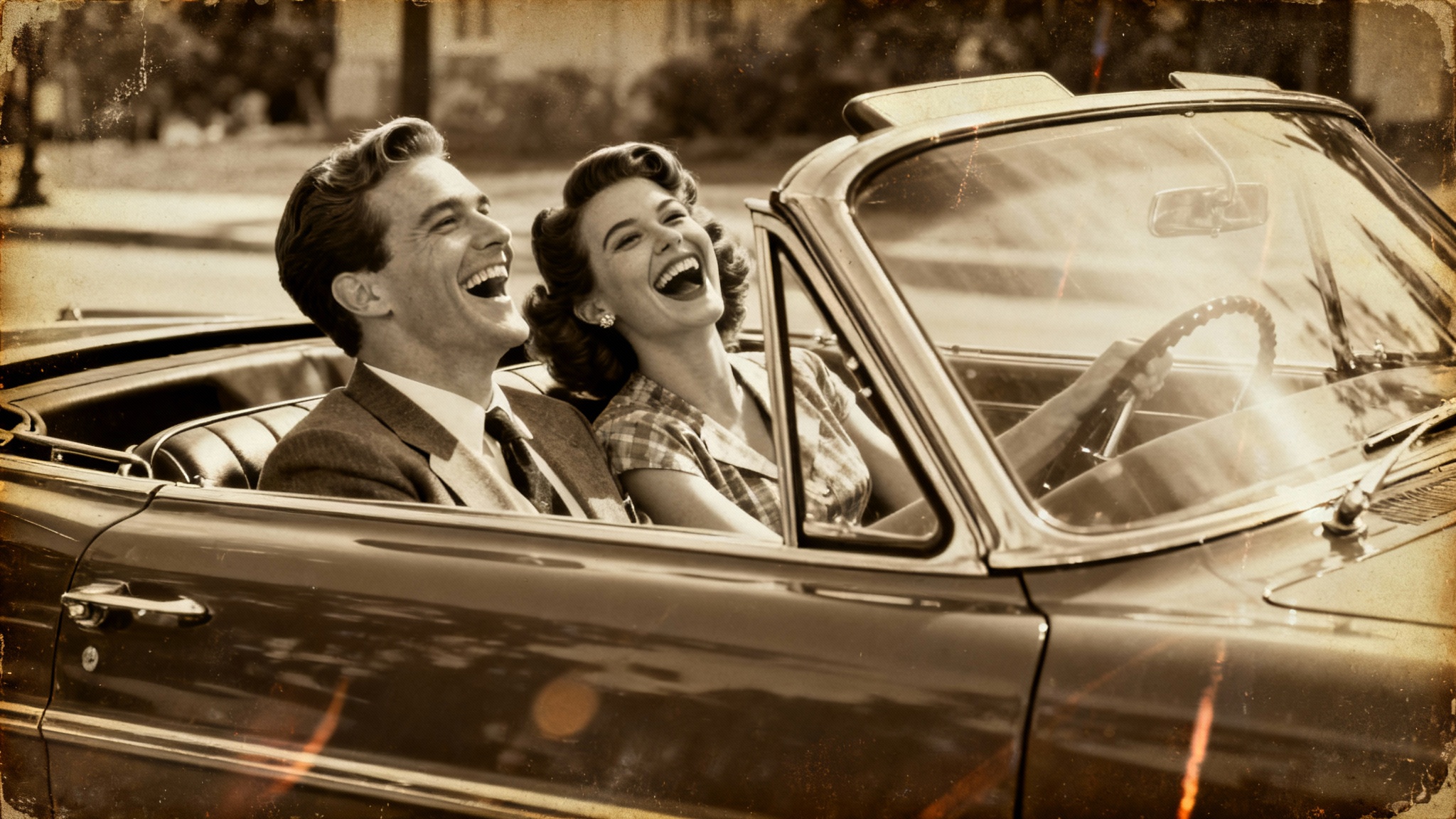 A vintage-style photograph of a happy couple in a 1950s convertible, showcasing a final result from a vintage photo filter.